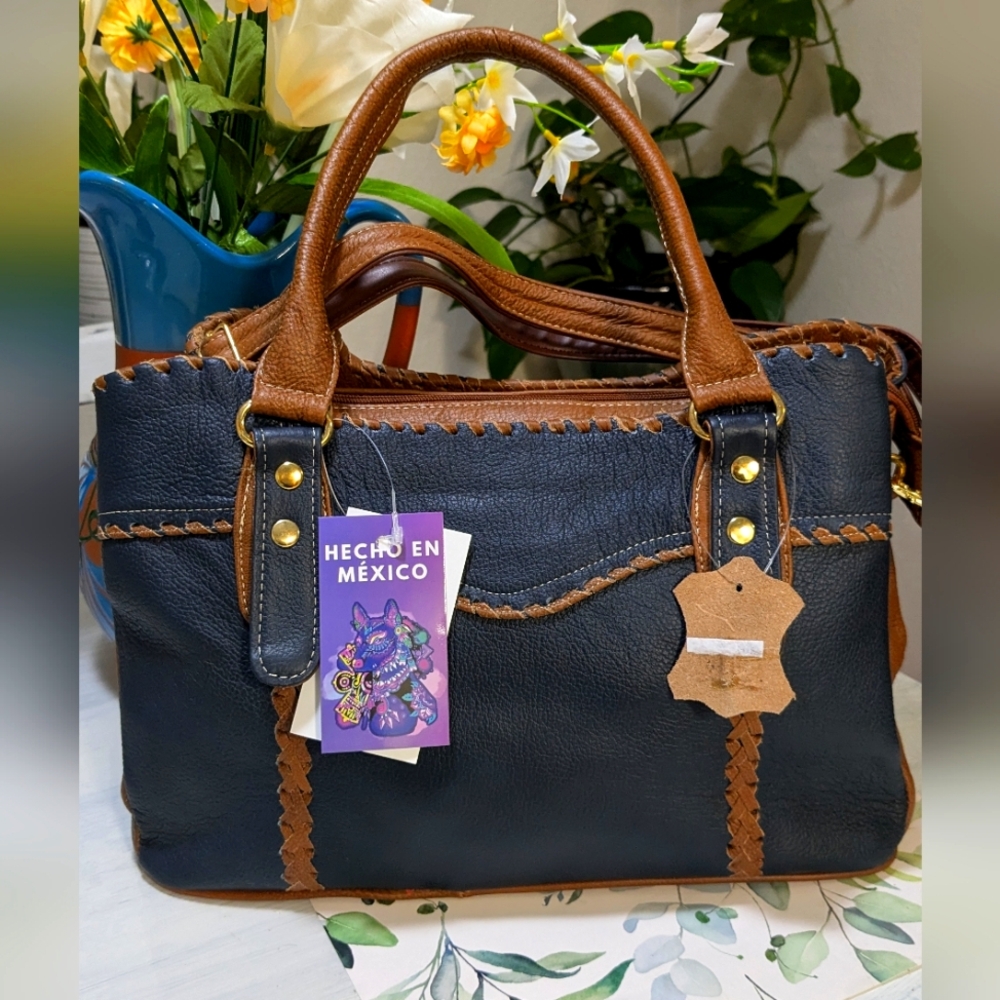 💐 LIQUIDATION  Elegant Royal Blue and Brown  Handbag With Cross Body Strap .